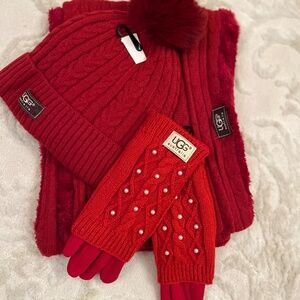 UGG Winter Dark Red Sweater Weather pom pom hat infinity scarf Set. NWT